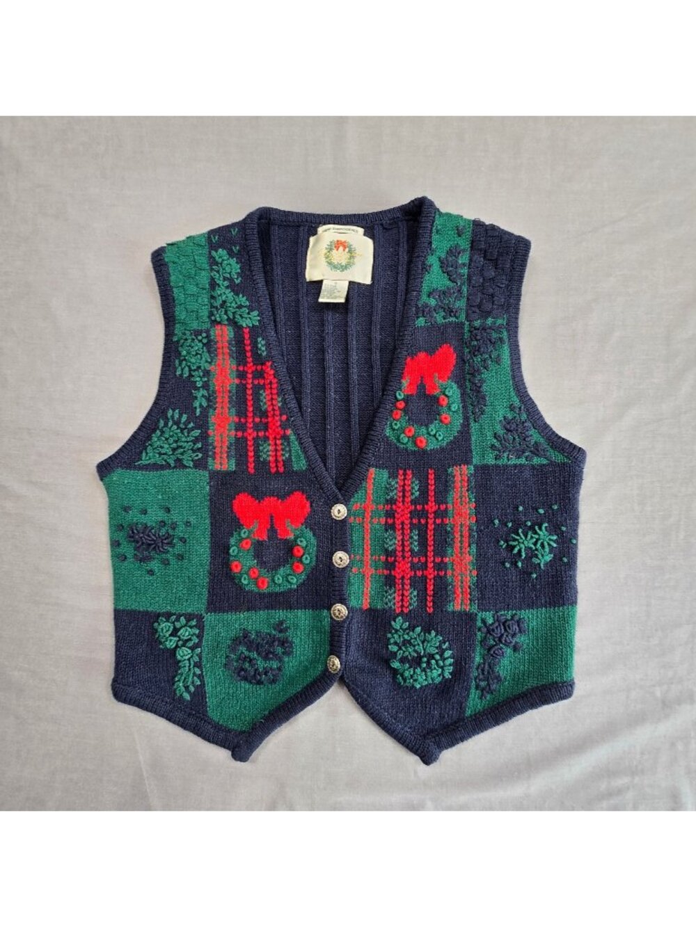 Vintage Christopher & Banks Small Holiday Sweater Vest Blue/Green Embroidered